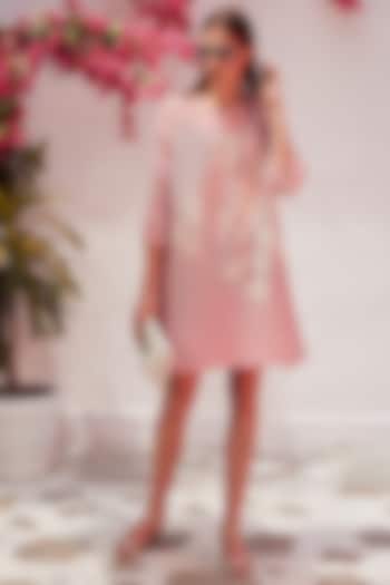 Baby Pink Pleated polyester Dress by Tasuvure