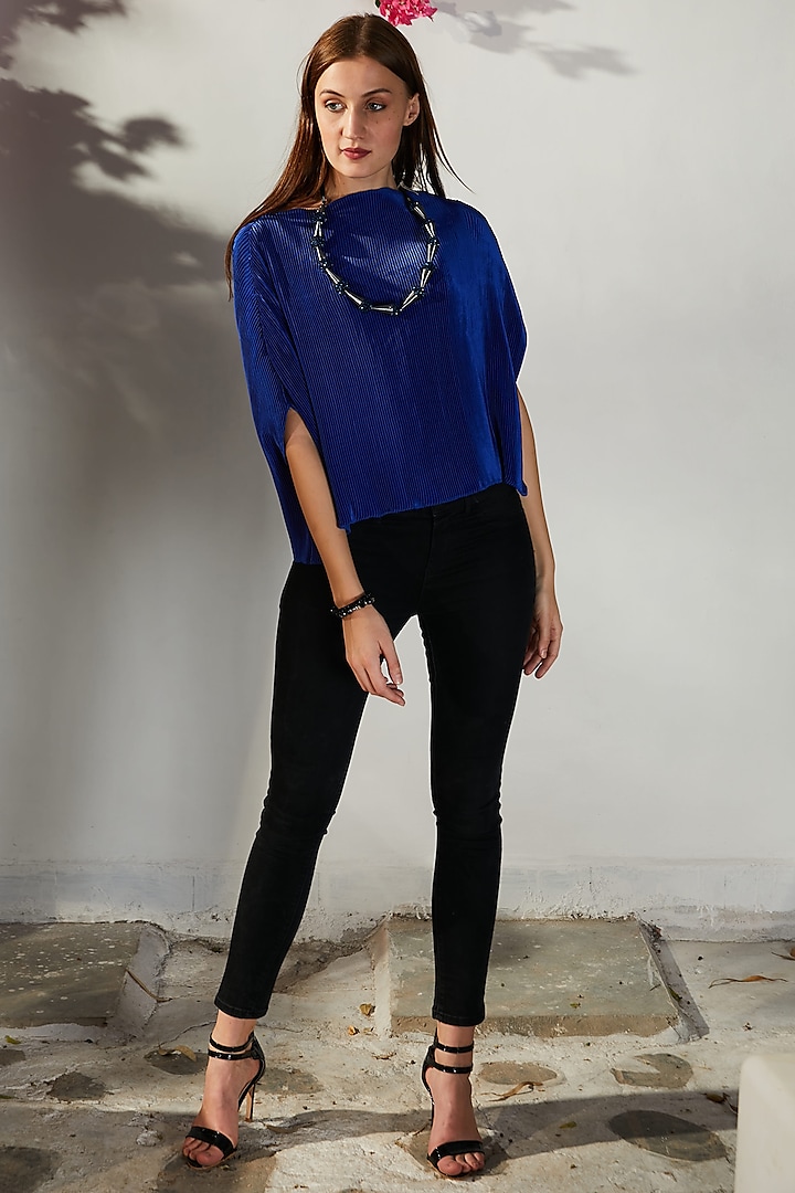 Blue Pleated Polyester Top by Tasuvure