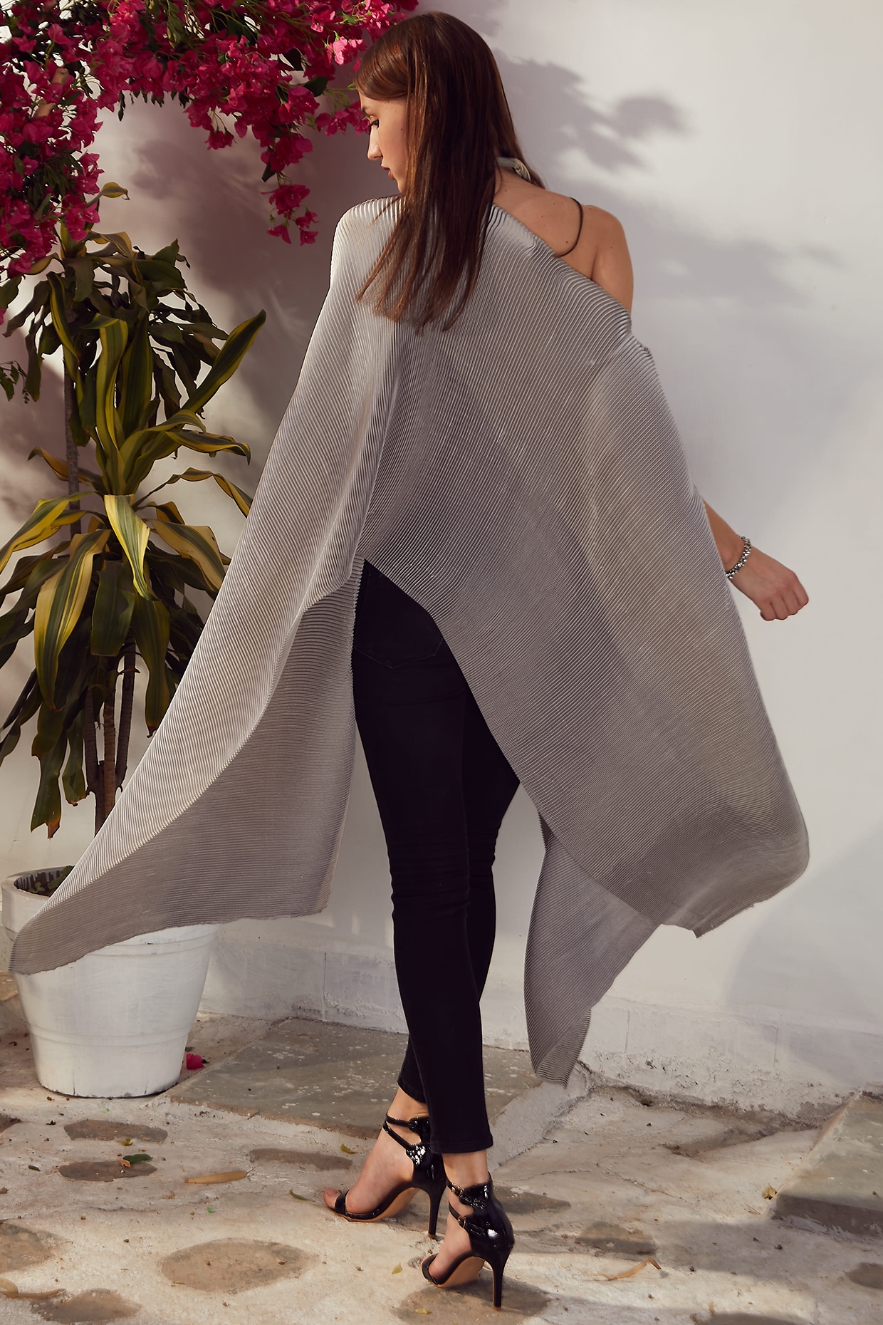 Silver Pleated Polyester Cape Design by Tasuvure at Pernia's Pop