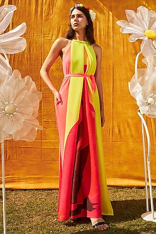 Yellow Pleated Polyester Maxi Dress With Belt by Tasuvure