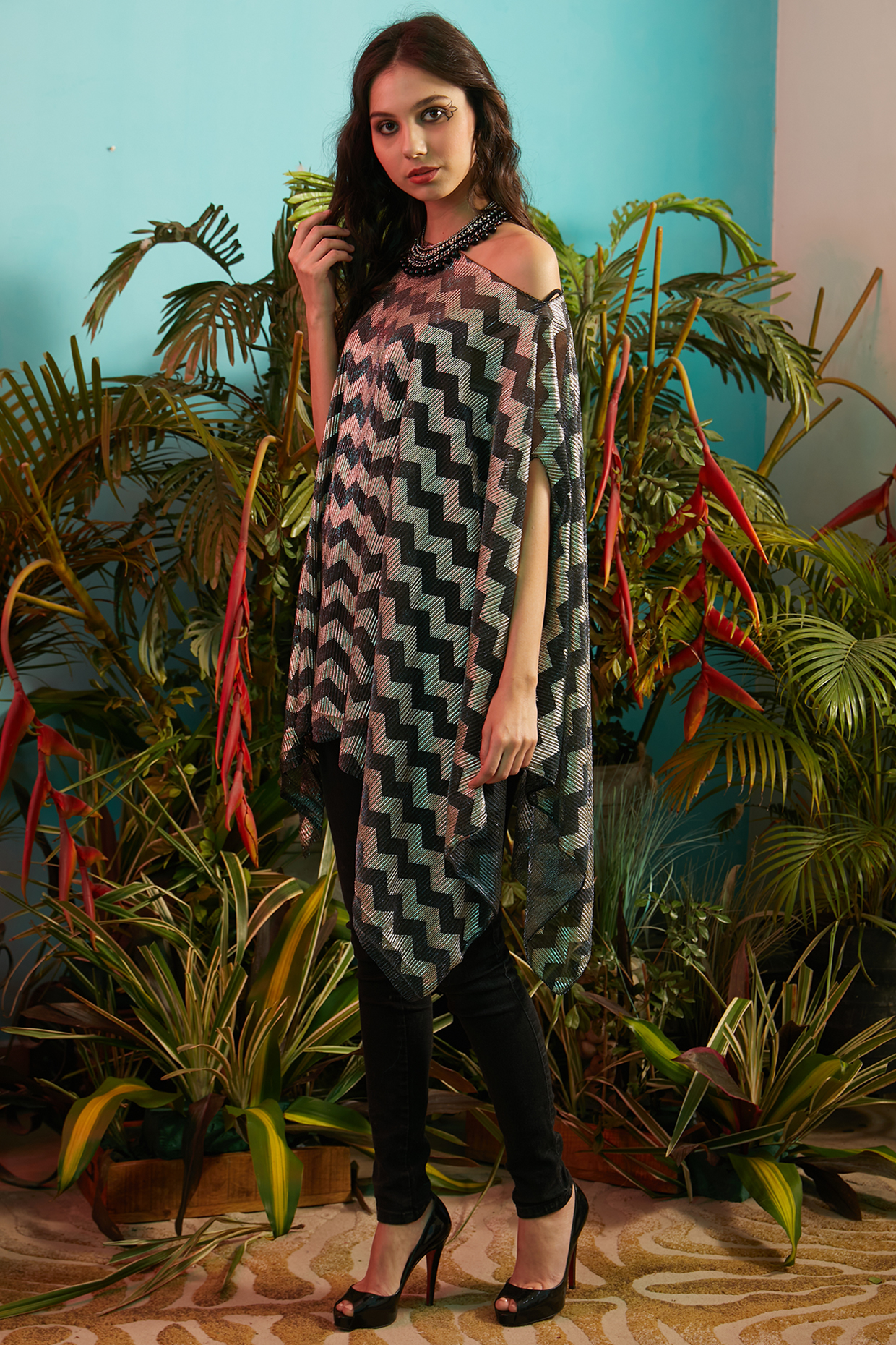 Black Pleated Zig-Zag Cape by Tasuvure at Pernia's Pop Up Shop