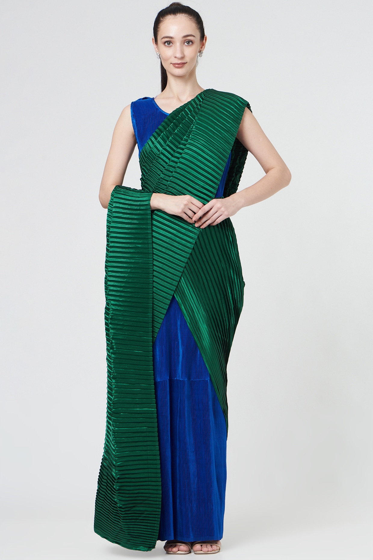 Buy Green Rich Pleated Fabric Pre-stitched Saree With Blouse For Women by  Tasuvure Indes Online at Aza Fashions.