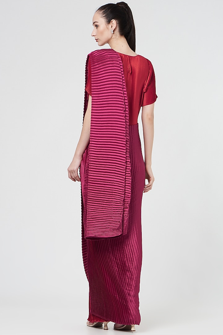 Red Pleated Fabric Wedding Gown Saree by Tasuvure Indes at Pernia's Pop Up Shop