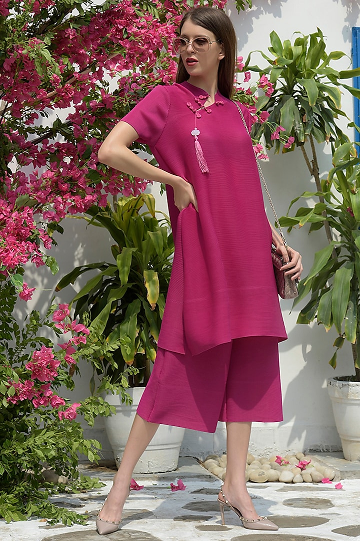 Magenta Pleated Polyester Co-Ord Set by Tasuvure