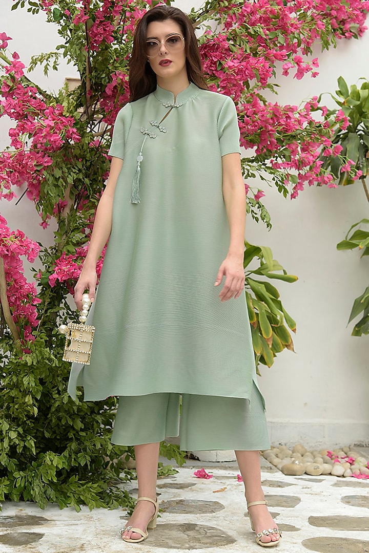 Mint Green Pleated Polyester Co-Ord Set by Tasuvure
