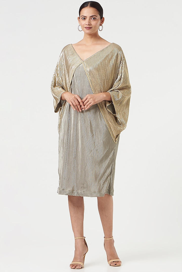 Sage Green Pleated Polyester Dress by Tasuvure