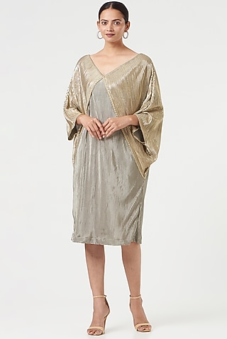 Sage Green Pleated Polyester Dress by Tasuvure