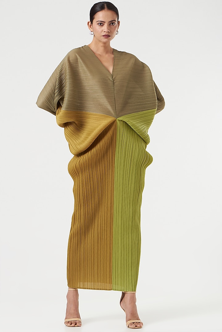 Olive Green Polyester Kimono Dress by Tasuvure