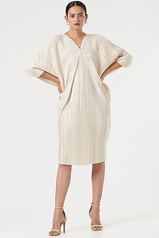 White Polyester Striped Dress by Tasuvure