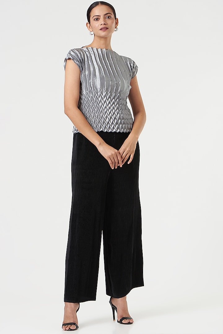 Silver Pleated Polyester Top by Tasuvure