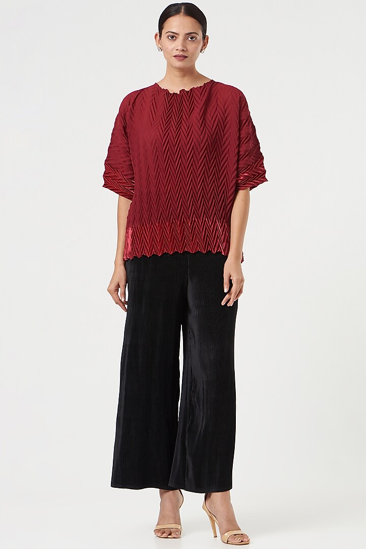 Red Pleated Polyester Top by Tasuvure