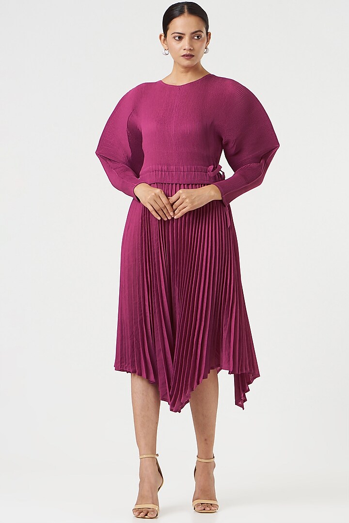 Pink Pleated Polyester Flared Dress by Tasuvure