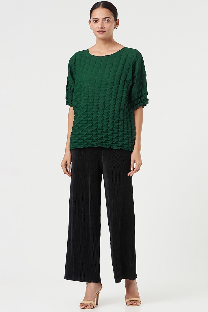 Green Pleated Polyester Smocked Top by Tasuvure at Pernia's Pop Up Shop