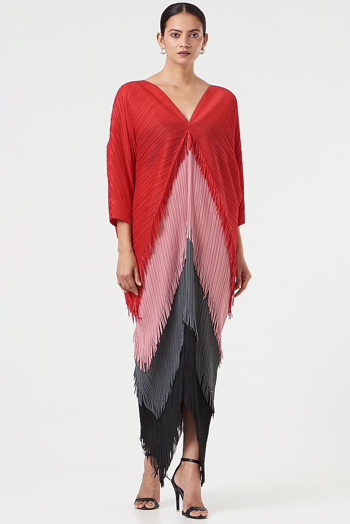 Raspberry Pleated Polyester Fringe Party Wear Dress by Tasuvure at Pernia's Pop Up Shop