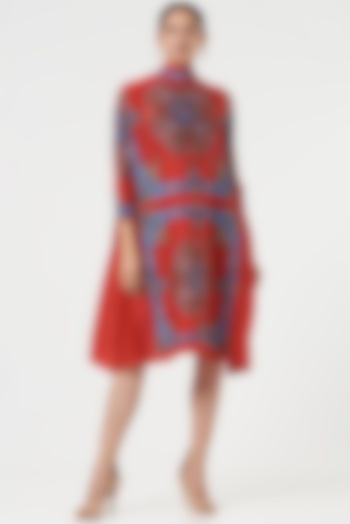 Red Pleated Polyester Printed Dress by Tasuvure