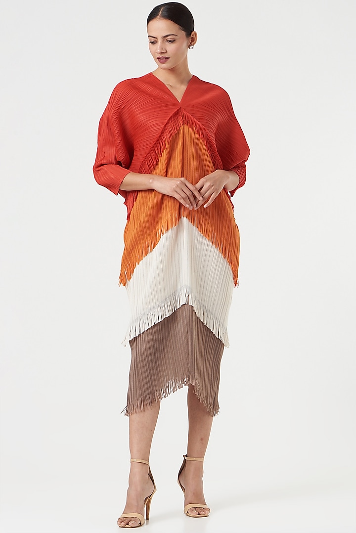 Orange Pleated Polyester Fringed Dress by Tasuvure