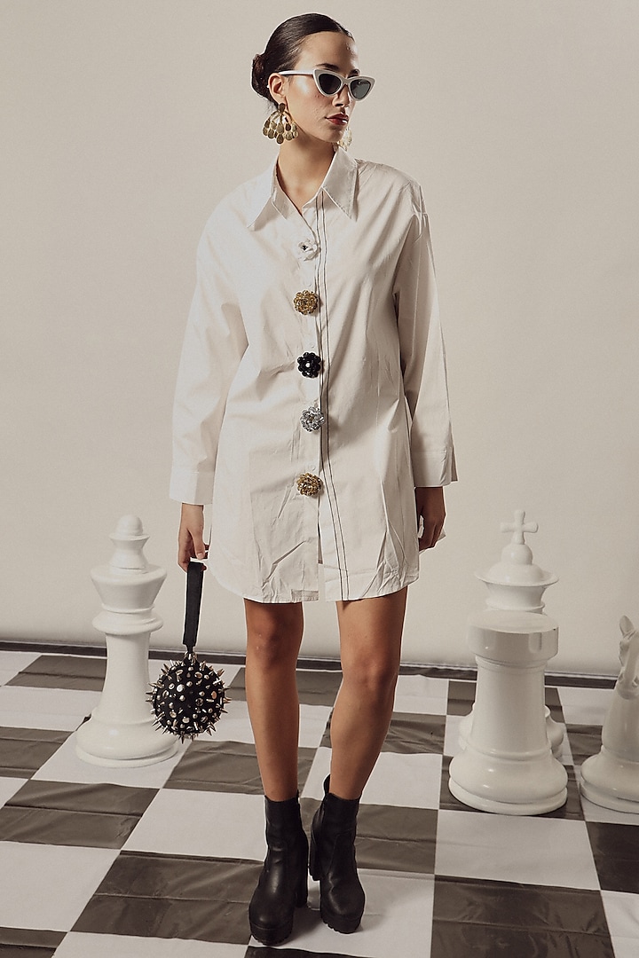 White Mix Cotton Shirt Dress by Tasuvure at Pernia's Pop Up Shop