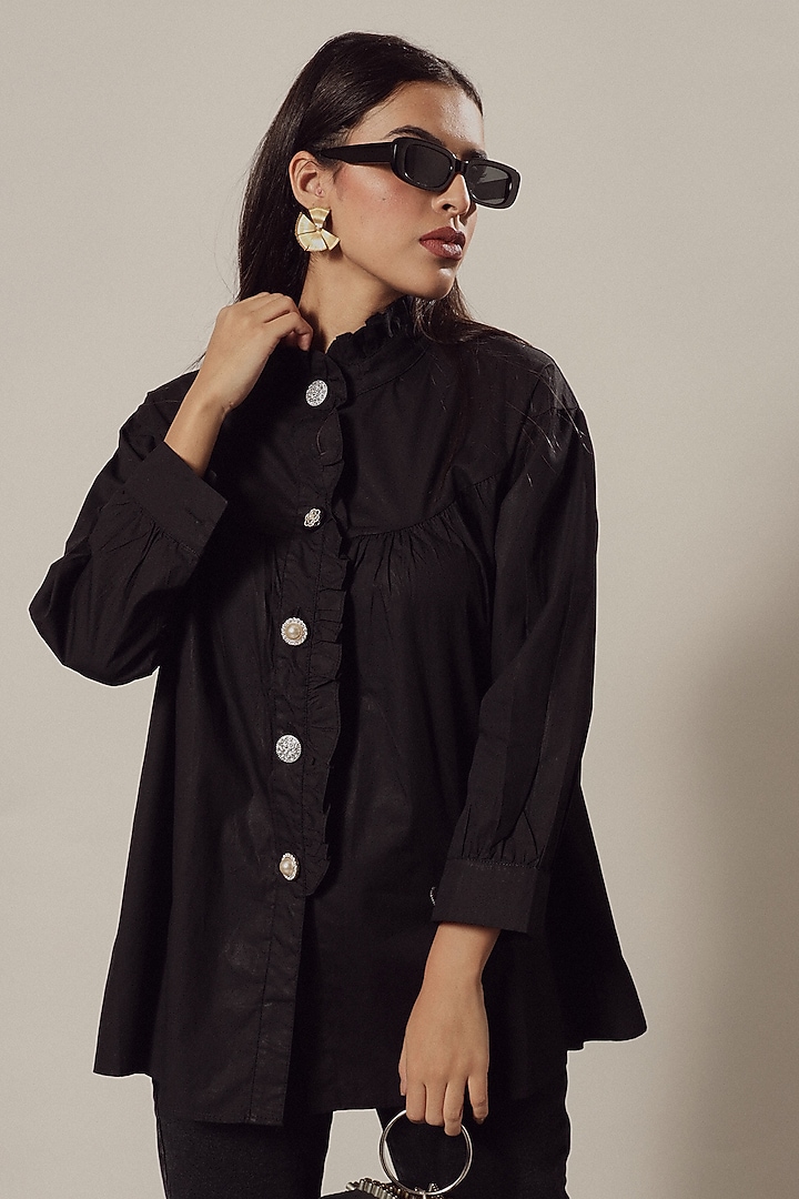 Black Mix Cotton Shirt by Tasuvure at Pernia's Pop Up Shop