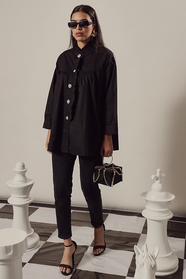 Black Mix Cotton Shirt by Tasuvure at Pernia's Pop Up Shop
