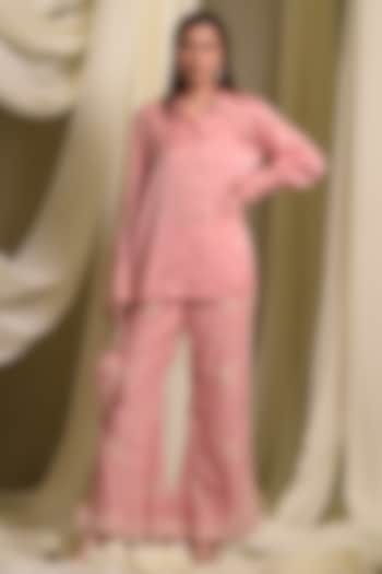 Pastel Pink Georgette Gara Embroidered Co-Ord Set by Tasuvure at Pernia's Pop Up Shop