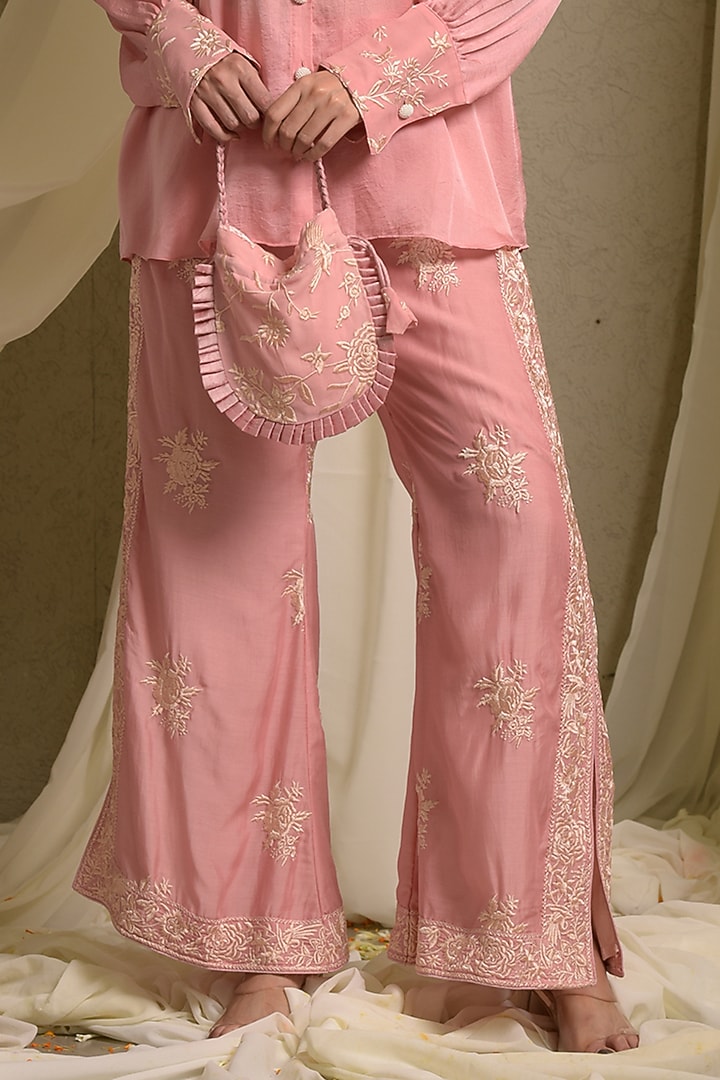 Pastel Pink Georgette Gara Embroidered Co-Ord Set by Tasuvure at Pernia's Pop Up Shop