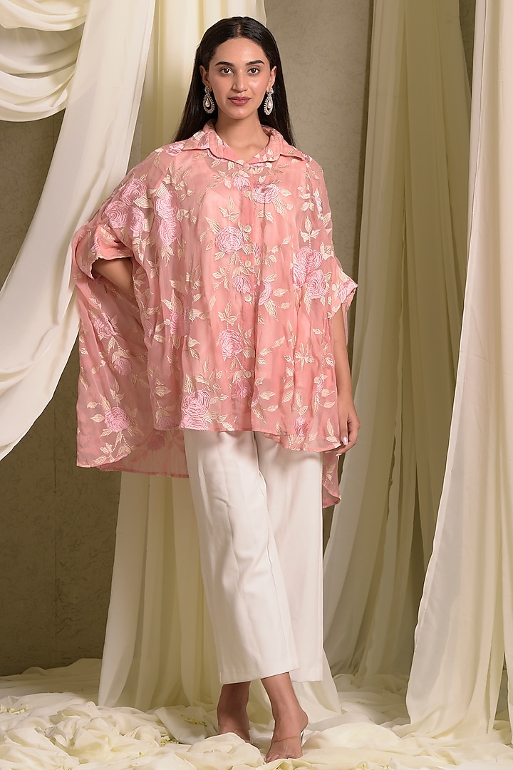 Pink Cotton Chanderi Embroidered Kaftan Shirt by Tasuvure at Pernia's Pop Up Shop