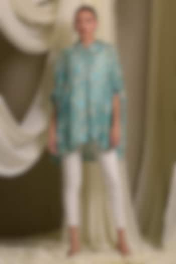 Aqua Blue Cotton Chanderi Embroidered Kaftan Shirt by Tasuvure at Pernia's Pop Up Shop