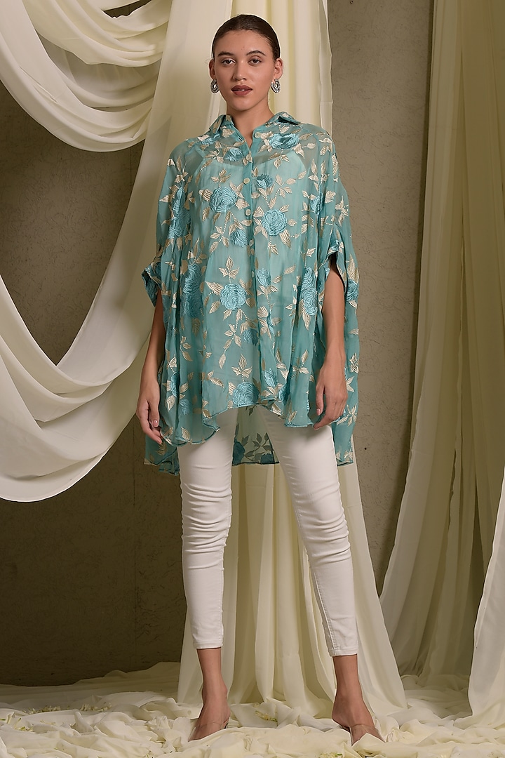 Aqua Blue Cotton Chanderi Embroidered Kaftan Shirt by Tasuvure at Pernia's Pop Up Shop