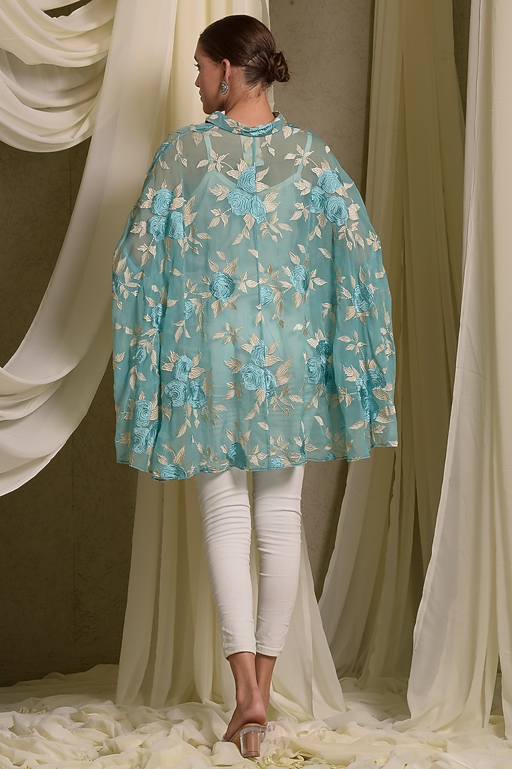 Aqua Blue Cotton Chanderi Embroidered Kaftan Shirt by Tasuvure at Pernia's Pop Up Shop
