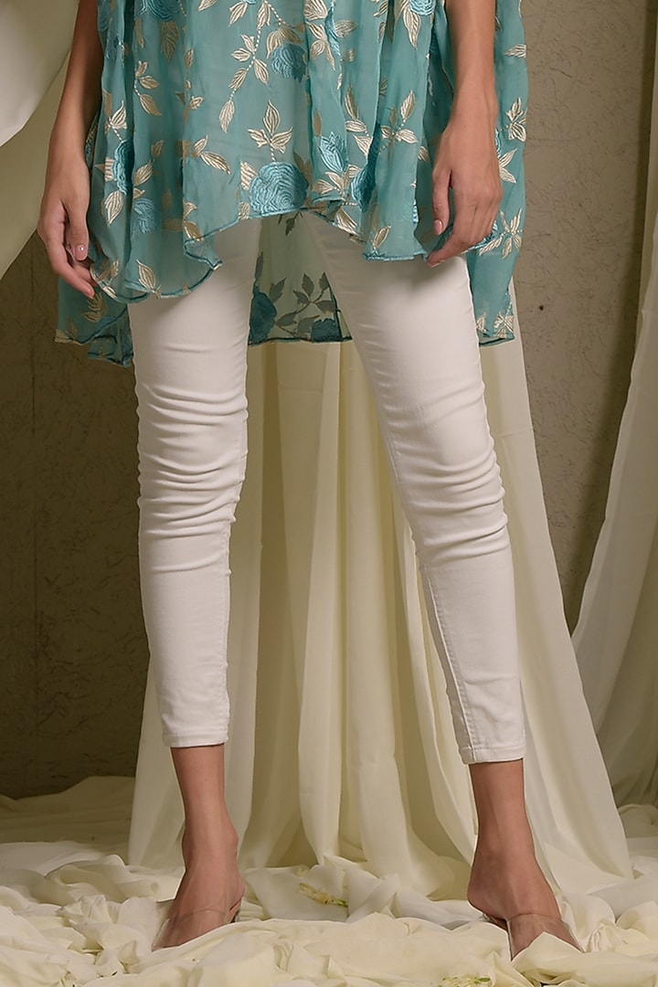 Aqua Blue Cotton Chanderi Embroidered Kaftan Shirt by Tasuvure at Pernia's Pop Up Shop