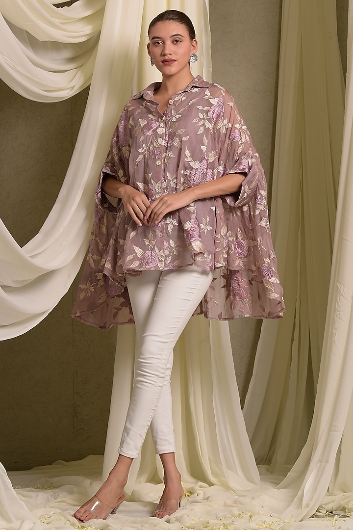 Purple Cotton Chanderi Embroidered Kaftan Shirt by Tasuvure at Pernia's Pop Up Shop