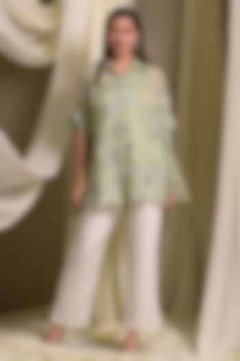 Sage Green Cotton Chanderi Embroidered Kaftan Shirt by Tasuvure at Pernia's Pop Up Shop