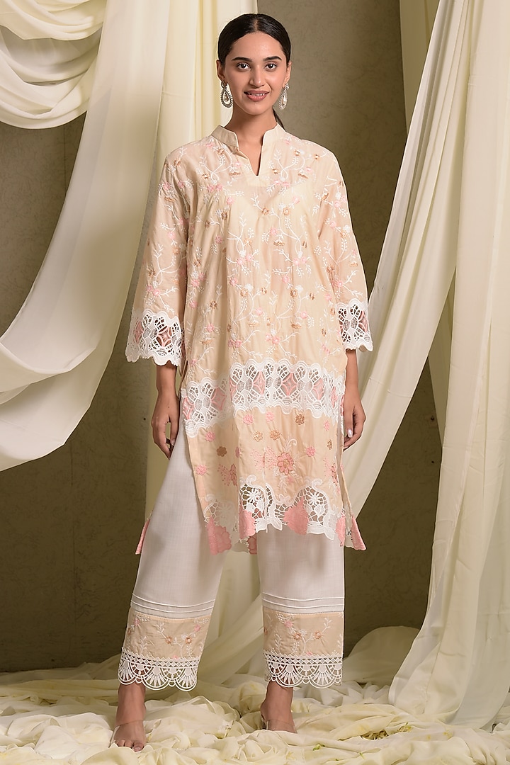 Beige Rose Lace Cotton Mesh Floral Kurta Set by Tasuvure at Pernia's Pop Up Shop