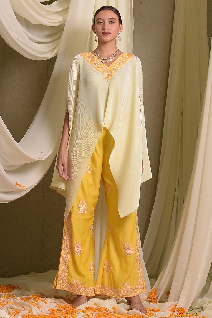Yellow Pleated Silk & Georgette Embroidered Cape Set by Tasuvure at Pernia's Pop Up Shop