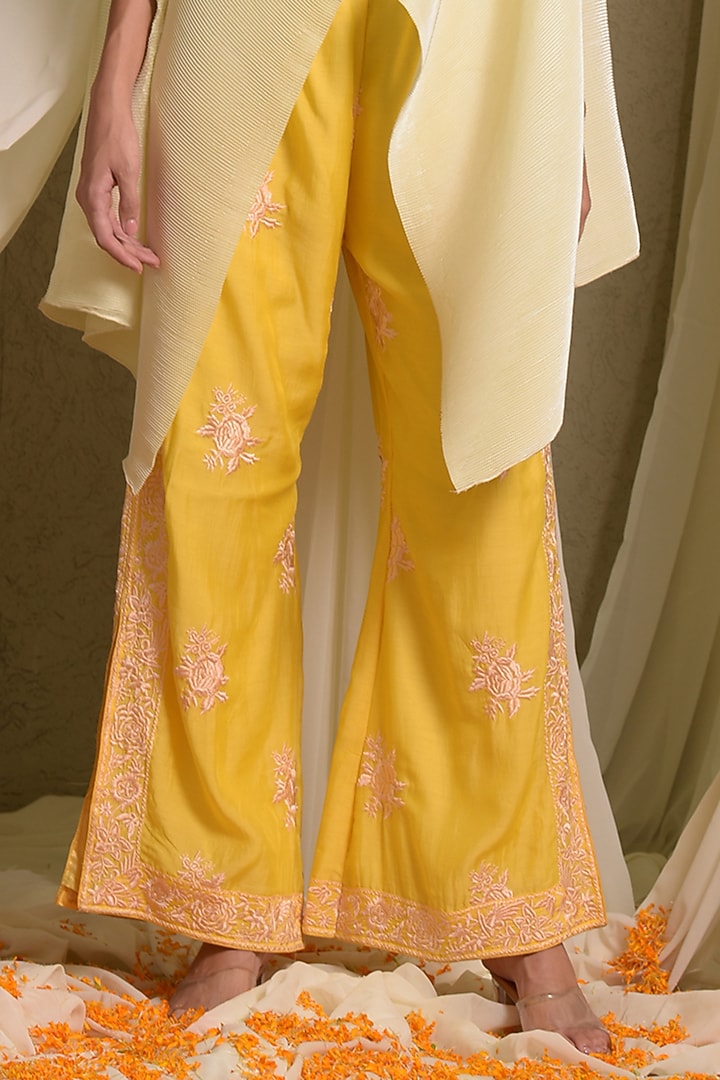 Yellow Pleated Silk & Georgette Embroidered Cape Set by Tasuvure at Pernia's Pop Up Shop