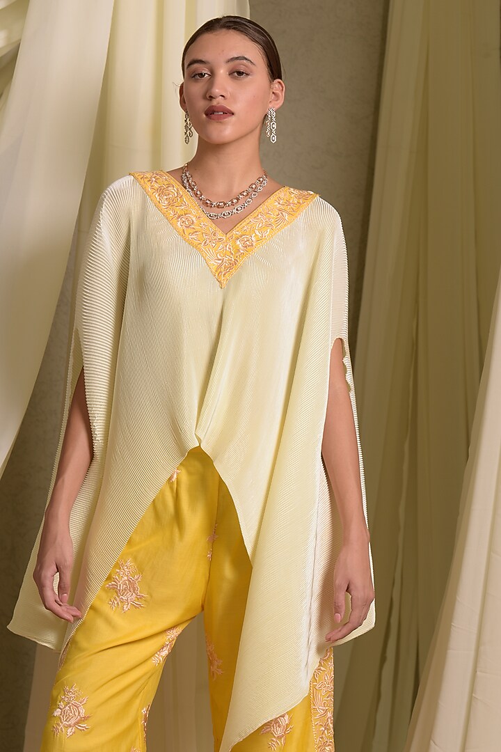 Yellow Pleated Silk & Georgette Embroidered Cape Set by Tasuvure at Pernia's Pop Up Shop