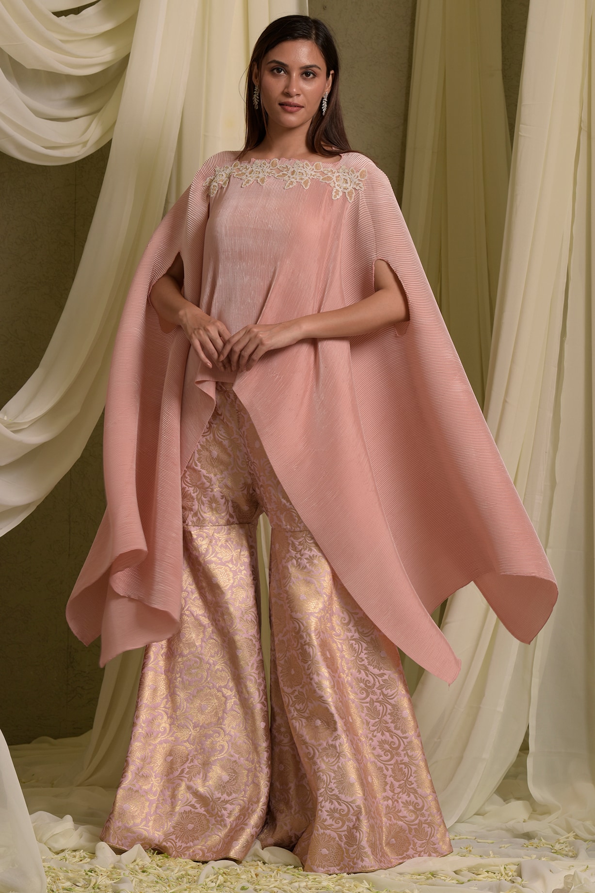Blush Pink Pleated Silk Lace Embroidered Cape Set by