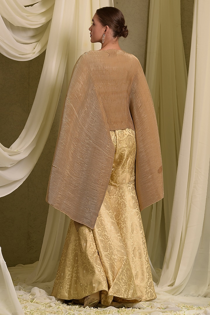 Gold Pleated Silk Lace Embroidered Cape Set by Tasuvure at Pernia's Pop Up Shop