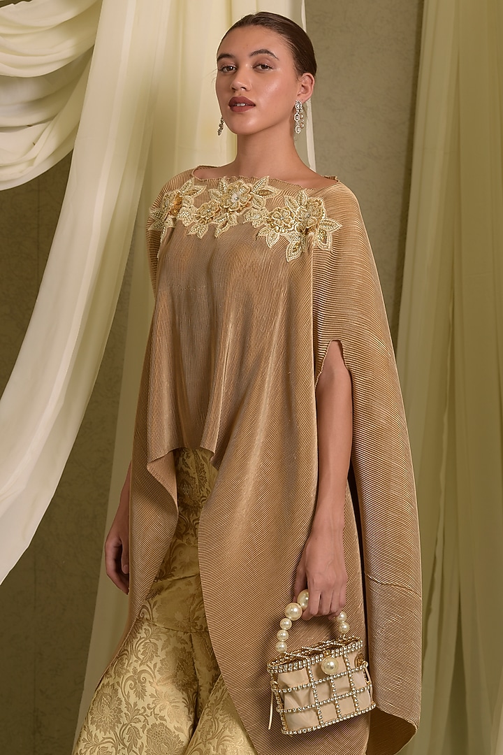 Gold Pleated Silk Lace Embroidered Cape Set by Tasuvure at Pernia's Pop Up Shop