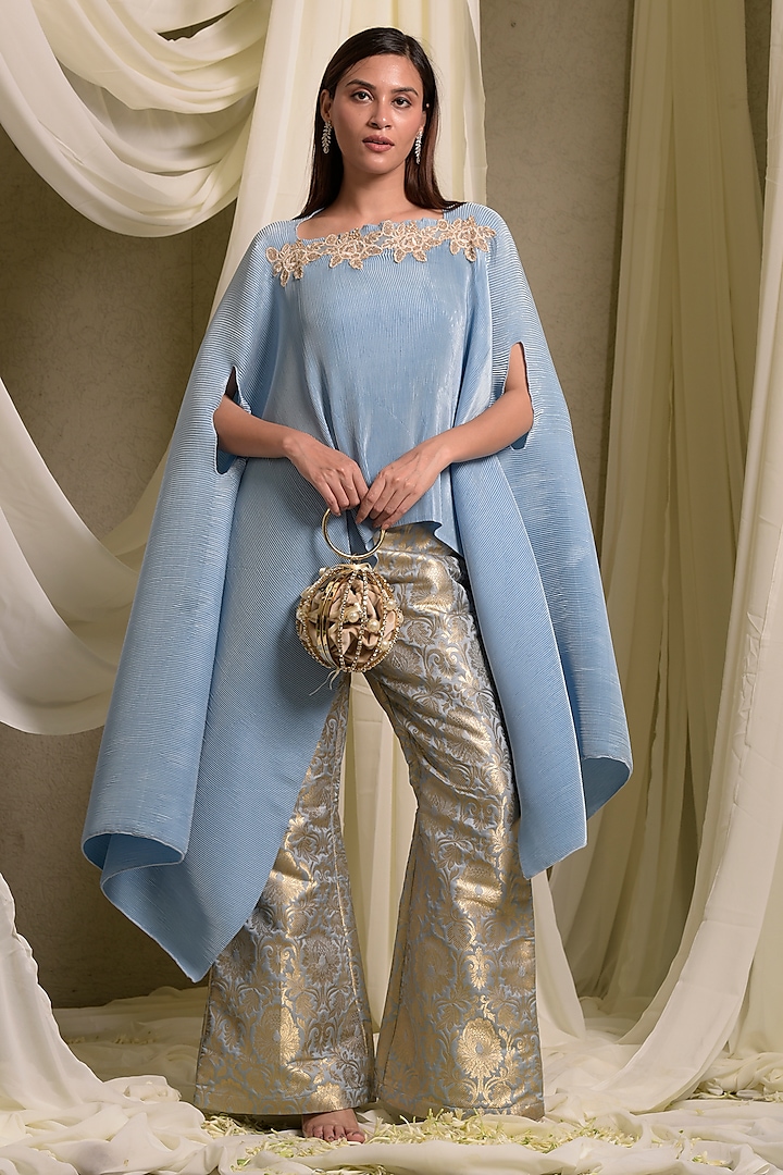 Powder Blue Pleated Silk Lace Embroidered Cape Set by Tasuvure at Pernia's Pop Up Shop