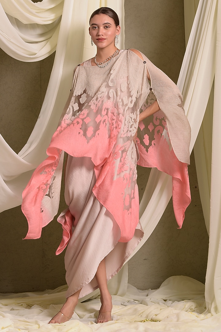 Beige & Pink Satin Cape Vacation Dress by Tasuvure at Pernia's Pop Up Shop