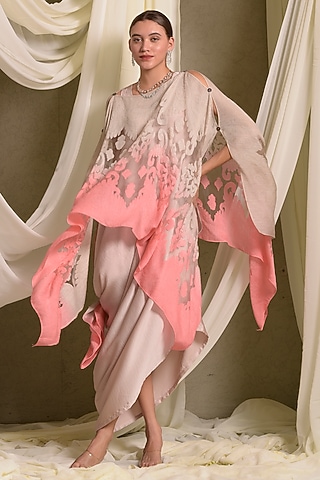 Beige & Pink Satin Cape Dress by Tasuvure