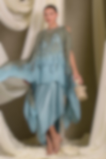 Blue & Olive Green Satin Cape Vacation Dress by Tasuvure at Pernia's Pop Up Shop