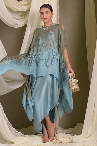 Blue & Olive Green Satin Cape Dress by Tasuvure