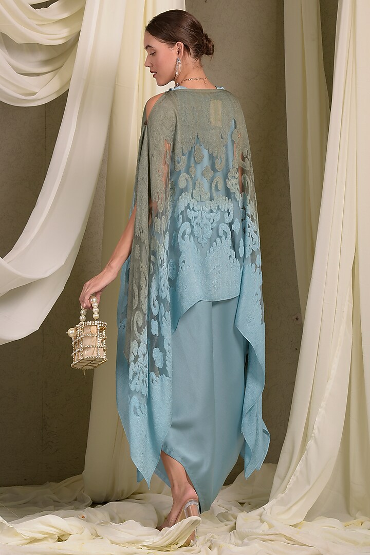 Blue & Olive Green Satin Cape Vacation Dress by Tasuvure at Pernia's Pop Up Shop