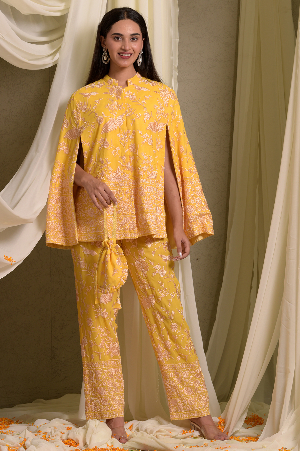 Yellow Georgette Motif Embroidered Cape Set by Tasuvure at Pernia's Pop Up Shop