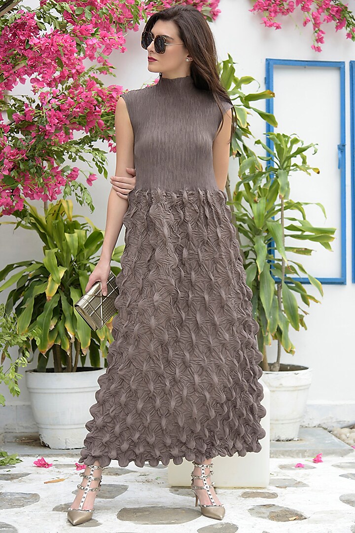Brown Polyester Gown Dress by Tasuvure