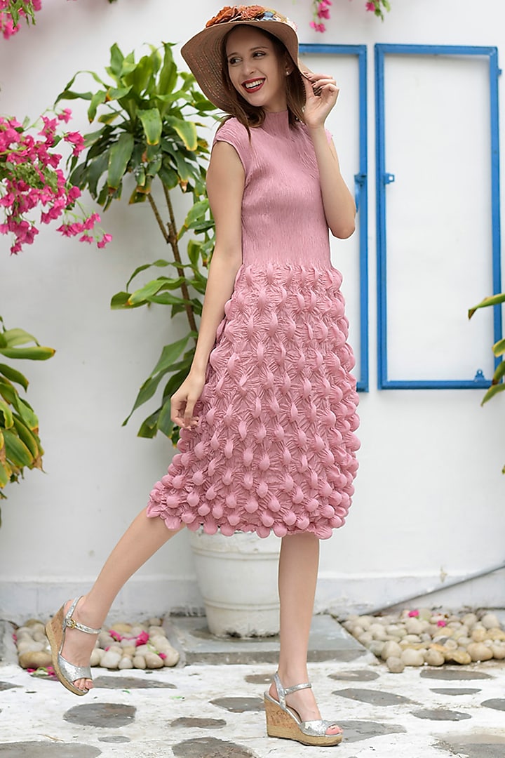 Pink Polyester Midi Dress by Tasuvure