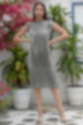 Grey Polyester Smocked Dress by Tasuvure