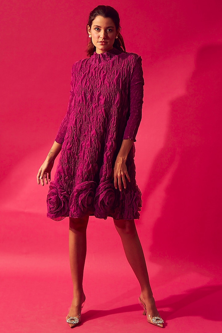 Fuchsia Pleated Fabric Mini Dress by Tasuvure at Pernia's Pop Up Shop